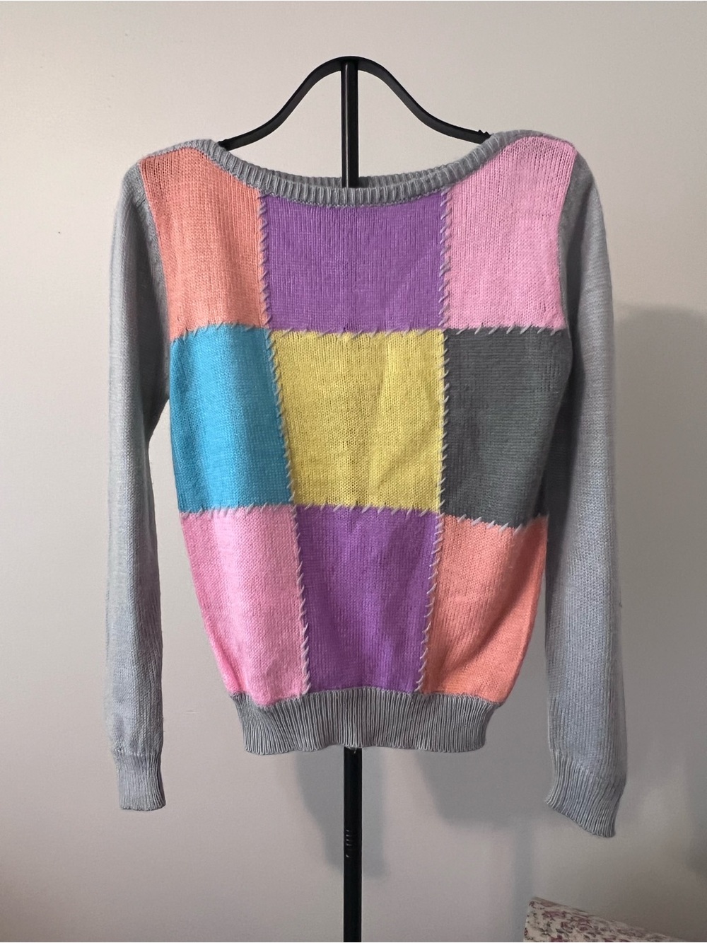 Vintage Patsy’s Place Pastel Patchwork Colorblock Knit Sweater M 80s 90s